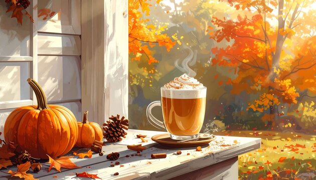 A cozy autumn scene depicts a warm latte on a sunlit porch with pumpkins and colorful fall leaves.