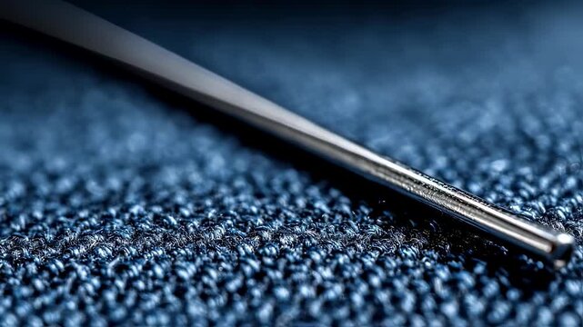 Closeup of a titanium sewing needle piercing heavy denim fabric showcasing strength and sharpness against a blurred background.