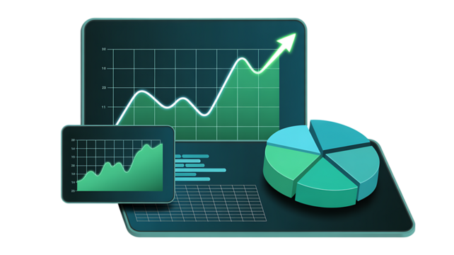 Financial charts and pie chart on a laptop screen

