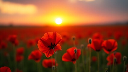 Crimson Dreams at Sunset: A Field of Poppies Bathed in Golden Light "Whispers of Red: Poppies Dancing Beneath a Fiery Horizon