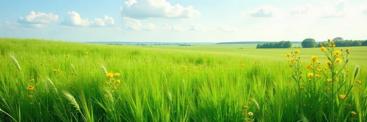 Vast expanse of tallgrass prairie swaying gently in the breeze, wildflowers blooming amidst the sea of green A serene and untouched natural landscape , calm, spring