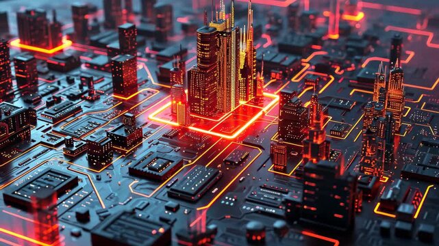 A vibrant futuristic cityscape with striking red neon lights casting a bold glow against the dark night sky, NAS storage shown as a glowing, futuristic city grid, AI Generated