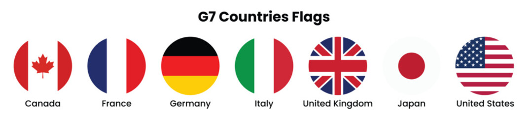 G7 Countries round flags. Canada, France, Germany, Italy, Japan, United Kingdom, & United States