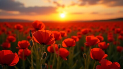 Crimson Dreams at Sunset: A Field of Poppies Bathed in Golden Light "Whispers of Red: Poppies Dancing Beneath a Fiery Horizon
