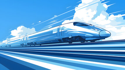 A high-speed train is depicted running on tracks under a blue sky with scattered clouds, showcasing modern transportation at high speed.