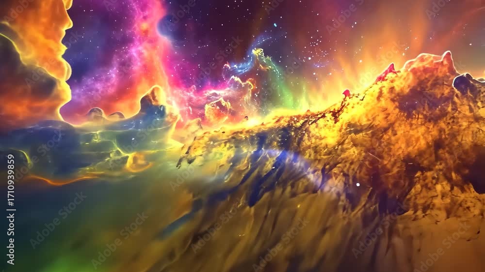 Wall mural a vibrant space scene featuring an array of stars and clouds against a colorful backdrop, nebula env