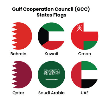 Flags of gulf cooperation council states including Bahrain Kuwait Oman Qatar Saudi Arabia & UAE
