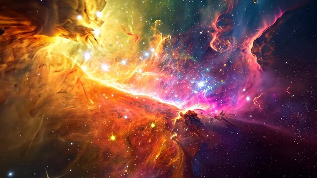 A vibrant and mesmerizing display of stars illuminating a vivid space background, Nebula hued with all colors radiating from a white dwarf star, AI Generated