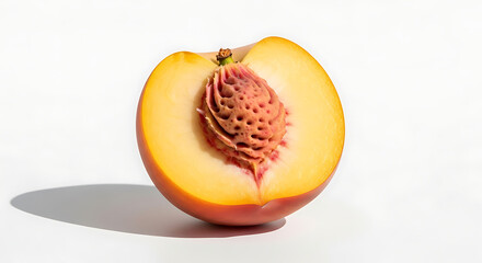 A halved peach showing its pit and flesh on a white surface with a subtle shadow underneath it ai generated