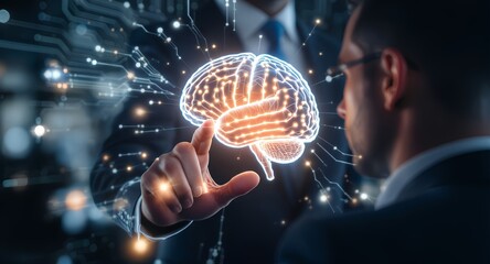 Businessman interacting with digital brain hologram in modern office  