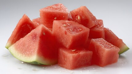 Ultra close-up of juicy watermelon cubes with minimal white background and center space 