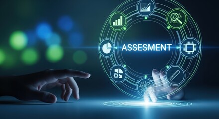 Digital assessment technology futuristic interface shows business growth analysis and performance metrics glowing data