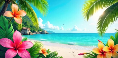 Vibrant summer holiday flyer design featuring tropical leaves, exotic flowers, and a sun-drenched beach scene, ideal for travel agencies, resorts, and vacation promotions , design, flyer, paradise