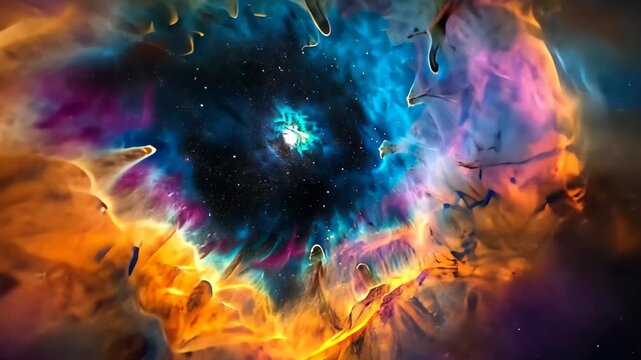 A video capturing a very large blue and yellow object soaring through the sky, Nebula hued with all colors radiating from a white dwarf star, AI Generated
