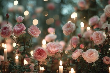 Colorful floral arrangements and bright blossoms with lit candles in a vibrant garden