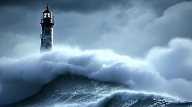 A towering lighthouse stands resilient as it faces a colossal wave crashing against it in the midst of a stormy sea, Ocean waves breaking against a lighthouse in a storm, AI Generated