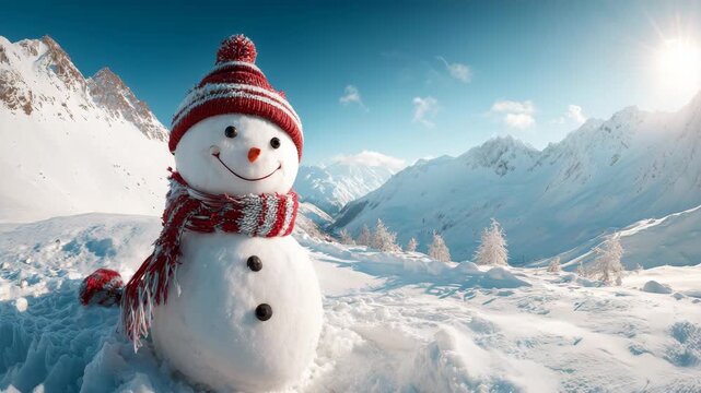 snowman with red hat and scarf standing in snowy mountains winter holiday scene cheerful snow figure in alpine landscape