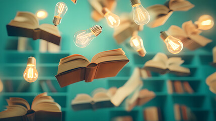 An image showing books and light bulbs in a library setting, symbolizing knowledge and the spark of ideas.