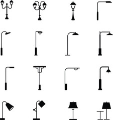 Vector set of various black street lamps, desk lamps, and light fixtures icons isolated on white backgroundVector set of various black street lamps, desk lamps, 