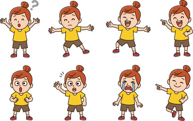 Cartoon girl character, emotional expressions, red hair bun, yellow shirt, kids emotions, reaction icons, cute pose, isolated, vector illustration