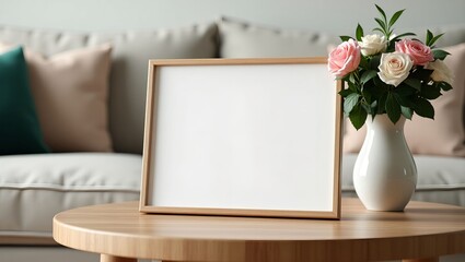 Horizontal Wooden Frame Mockup with Roses in Vase on Coffee Table