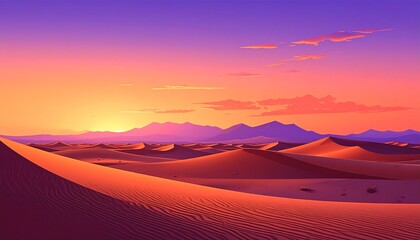 Vast sand dunes with orange sunset light, coral-to-violet gradient sky