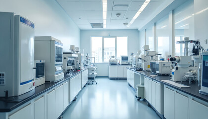 Empty clean lab room with advanced scientific equipment. Interior of workspace for research and development in chemistry, biology, medicine. Modern high tech laboratory with nobody inside at daytime.