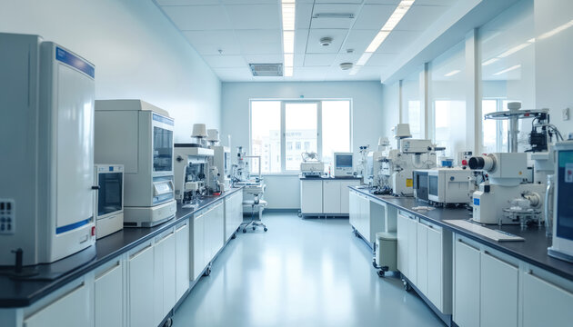 Empty clean lab room with advanced scientific equipment. Interior of workspace for research and development in chemistry, biology, medicine. Modern high tech laboratory with nobody inside at daytime. - Powered by Adobe
