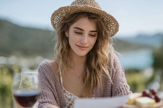 Female literary editor reviewing author submissions during wine picnic - publishing professional lifestyle and editorial work photography for industry marketing