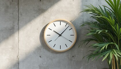Minimalist wall clock hangs on concrete background. Natural light streams in, casting shadows on wall. Green plant grows beside clock. Modern interior design element.