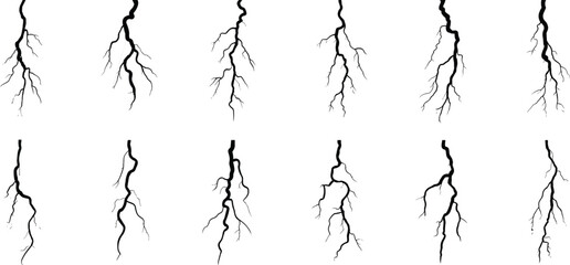 Collection of black lightning bolt vector elements with branching electric effects, ideal for storm illustrationsCollection of black lightning bolt vector elements with branching 