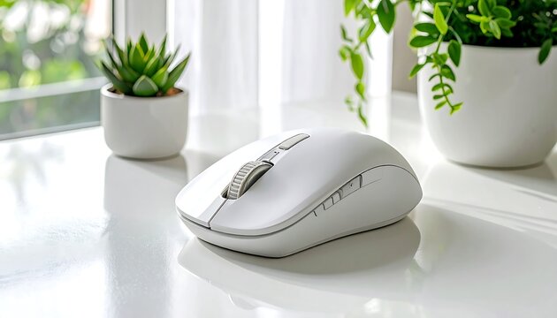 White wireless mouse on a white desk
