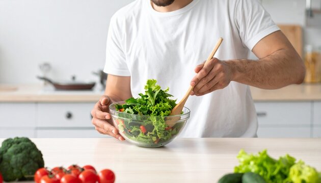 Bowl preparing healthy plantbased meal modern kitchen environment, vegetarian man mixing vegetable salad