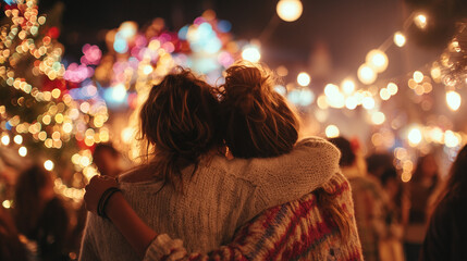 Friends Hugging as the Countdown Ends, Festive Lights Behind Them