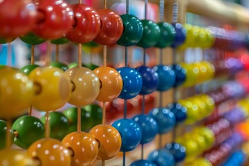 Brightly colored wooden abacus with shallow depth of field showing concept of learning math and numbers
