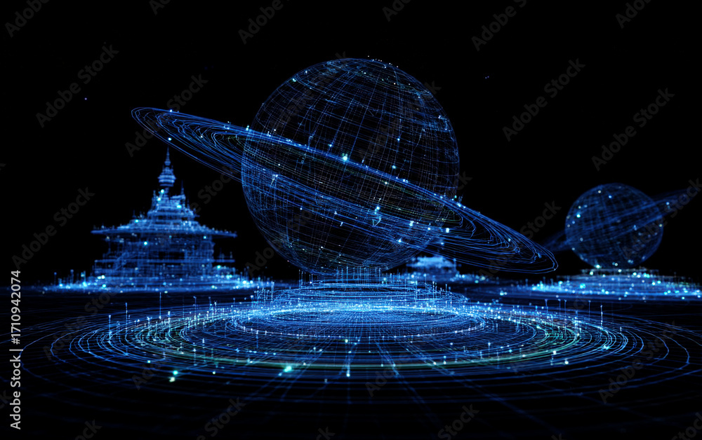 Poster digital holographic globe with ancient architecture and orbital lines