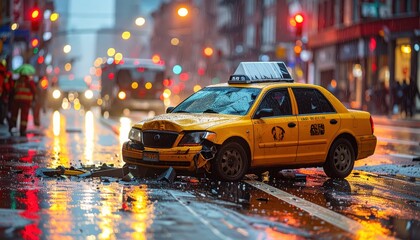 Damaged yellow taxi on road after accident on a rainy night. Incident, insurance claim concept