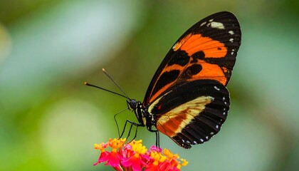 Obraz premium A vibrant butterfly, black with orange and white markings, rests on a cluster of colorful flowers, with a blurred green background