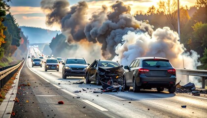 Cars crashed after accident on highway in the morning. Dangerous situation with smoke and damaged cars on road