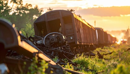 Wrecked train derailed near green field at sunset after accident in the countryside