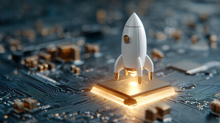 Miniature White Rocket Launching from a Glowing Golden CPU on a Dark Circuit Board, Symbolizing Rapid Technological Innovation and Performance