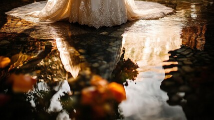 Obraz premium Reflection of a wedding dress in a shallow pool of water.
