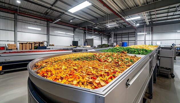 Food waste upcycling facility converting surplus produce into valueadded products like dehydrated snacks