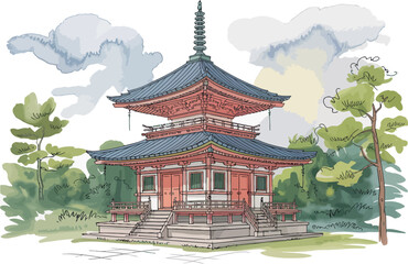 This beautiful watercolor illustration depicts a traditional Japanese pagoda temple, surrounded by serene pine trees and set against a cloudy sky with a hint of sunshine.