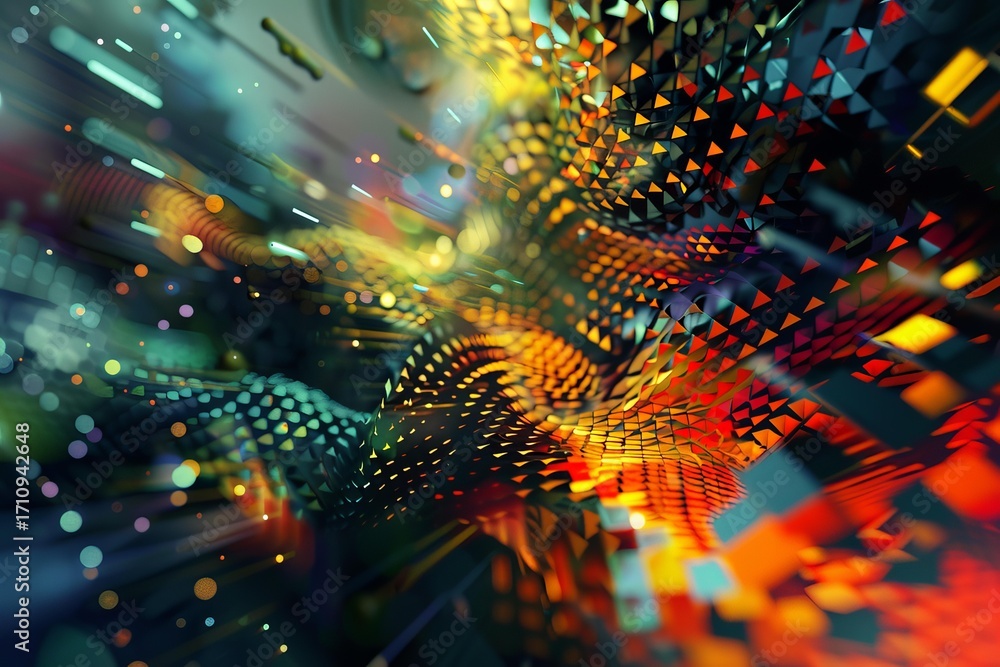 Poster Abstract background forming from colorful triangles flowing in digital stream, perfect for technology, design, and innovation concepts