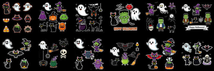 Colorful Halloween-themed illustration featuring ghosts, witches, pumpkins, bats, and black cats, creating a festive atmosphere for seasonal celebrations and decorations