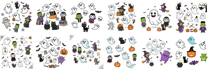 Colorful Halloween-themed flat illustration featuring various ghosts, witches, pumpkins, and spooky creatures, creating a festive atmosphere for seasonal celebrations and decorations