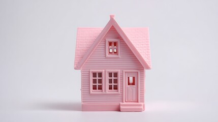 Pink miniature house on white background.