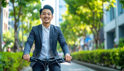 Young Asian businessman rides a bike through city streets during the daytime