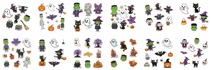 Colorful Halloween-themed flat illustration featuring various spooky characters, pumpkins, ghosts, and bats, perfect for festive decorations and seasonal designs
